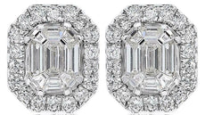 LARGE 2.07CT DIAMOND 14KT WHITE GOLD ROUND & BAGUETTE OCTAGON HALO STUD EARRINGS