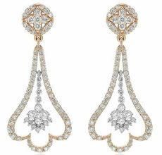 ESTATE 1.82CT DIAMOND 18KT 2 TONE GOLD 3D FLOWER TEAR DROP FUN HANGING EARRINGS