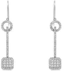 1.32CT DIAMOND 18KT WHITE GOLD 3D CLUSTER SQUARE CIRCLE OF LIFE HANGING EARRINGS