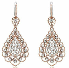 1.25CT DIAMOND 18KT ROSE GOLD OPEN FILIGREE MILGRAIN TEAR DROP HANGING EARRINGS
