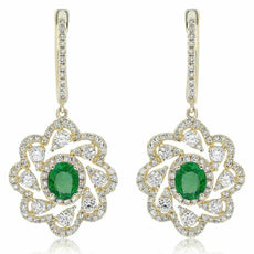 ESTATE 1.70CT DIAMOND & AAA EMERALD 14KT YELLOW GOLD 3D FLOWER HANGING EARRINGS