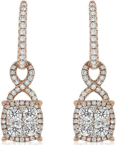ESTATE 1.25CT DIAMOND 14KT ROSE GOLD 3D CLUSTER SQUARE INFINITY HANGING EARRINGS