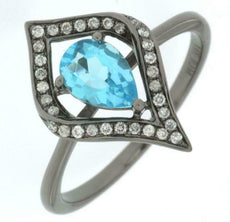 .99CT DIAMOND & AAA BLUE TOPAZ 14KT WHITE GOLD 3D PEAR SHAPE LEAF HALO FUN RING