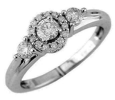 .54CT DIAMOND 14KT WHITE GOLD CLASSIC ROUND THREE STONE HALO ENGAGEMENT RING