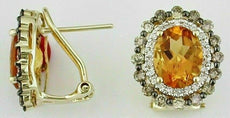 4.08CT WHITE & MOCHA DIAMOND & AAA CITRINE 14KT YELLOW GOLD OVAL HALO EARRINGS