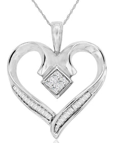 .65CT DIAMOND 14KT WHITE GOLD 3D BAGUETTE AND PRINCESS OPEN HEART LOVE PENDANT