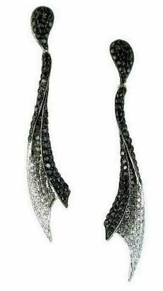 1.28CT WHITE & BLACK DIAMOND 14KT WHITE GOLD 3D MULTI ROW DROP HANGING EARRINGS