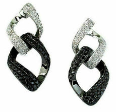 1.17CT WHITE & BLACK DIAMOND 14KT WHITE GOLD 3D LOVE KNOT LINK HANGING EARRINGS