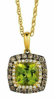 1.43CT WHITE & MOCHA DIAMOND & AAA PERIDOT 14KT YELLOW GOLD CUSHION HALO PENDANT