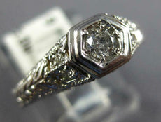 ANTIQUE DIAMOND 14KT WHITE GOLD SOLITAIRE FILIGREE ROUND HEXAGON ENGAGEMENT RING