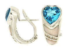 5.09CT DIAMOND & AAA BLUE TOPAZ 14KT WHITE GOLD 3D HEART SHAPE HANGING EARRINGS