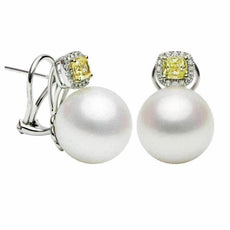 LARGE .72CT WHITE & CANARY DIAMOND & SOUTH SEA PEARL 18KT TWO TONE GOLD EARRINGS