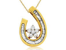 1.0CT DIAMOND 14KT YELLOW GOLD ROUND AND BAGUETTE FLOWER HORSESHOE LOVE PENDANT