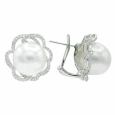 LARGE .60CT DIAMOND & AAA SOUTH SEA PEARL 18K WHITE GOLD SWIRL CLIP ON EARRINGS