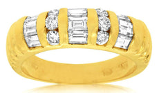 1.0CT DIAMOND 14KT YELLOW GOLD ROUND & BAGUETTE 3 ROW CHANNEL ANNIVERSARY RING