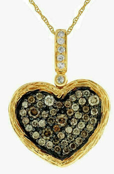 .57CT WHITE & CHOCOLATE FANCY DIAMOND 14K YELLOW GOLD CLUSTER HEART LOVE PENDANT