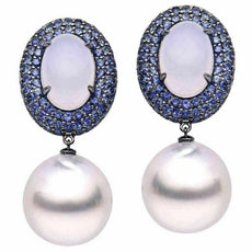 LARGE 12.0CT BLUE CHALCEDONY SAPPHIRE & SOUTH SEA PEARL 18K BLACK GOLD EARRINGS