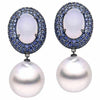LARGE 12.0CT BLUE CHALCEDONY SAPPHIRE & SOUTH SEA PEARL 18K BLACK GOLD EARRINGS
