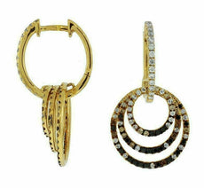 1.20CT WHITE BLACK & MOCHA DIAMOND 14KT YELLOW GOLD 3D CIRCULAR HANGING EARRINGS