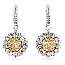 2.59CT WHITE & FANCY YELLOW DIAMOND 14KT WHITE GOLD FLOWER HALO HANGING EARRINGS