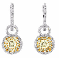 1.80CT WHITE & FANCY YELLOW DIAMOND 14KT WHITE GOLD ROUND HALO HANGING EARRINGS