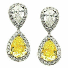 LARGE 6.01CT WHITE & FANCY YELLOW DIAMOND 18KT TWO TONE GOLD TEAR DROP EARRINGS