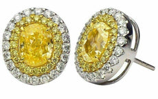LARGE 5.71CT WHITE & FANCY YELLOW DIAMOND 18KT TWO TONE GOLD OVAL STUD EARRINGS