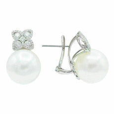 LARGE .94CT DIAMOND & AAA SOUTH SEA PEARL 18K WHITE GOLD FLOWER CLIP ON EARRINGS