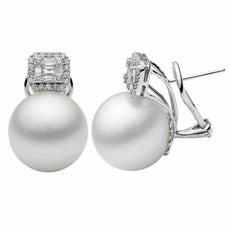 LARGE .60CT ROUND & BAGUETTE DIAMOND & SOUTH SEA PEARL 18KT WHITE GOLD EARRINGS