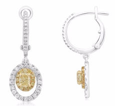 ESTATE 1.14CT WHITE & FANCY YELLOW DIAMOND 18K 2 TONE GOLD HALO HANGING EARRINGS