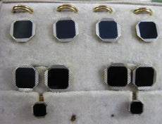 ANTIQUE LARGE MORTIMER RICKS AAA ONYX PLATINUM OCTAGON SHIRT STUD CUFFLINK SET