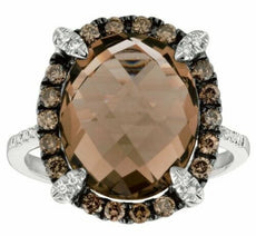7.81CT WHITE & MOCHA DIAMOND & AAA SMOKEY TOPAZ 14K WHITE GOLD 3D OVAL HALO RING