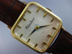 ANTIQUE LUCIEN PICCARD 14KT YELLOW GOLD CLASSIC SQUARE LEATHER MENS WATCH #2080