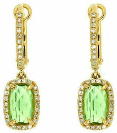 2.56CT DIAMOND & AAA PERIDOT 14KT YELLOW GOLD 3D CUSHION HALO HANGING EARRINGS