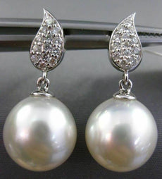 ESTATE .22CT DIAMOND & SOUTH SEA PEARL 18K WHITE GOLD PAVE LEAF HANGING EARRINGS