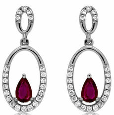 ESTATE .64CT DIAMOND & AAA RUBY 14KT WHITE GOLD OVAL TEAR DROP HANGING EARRINGS