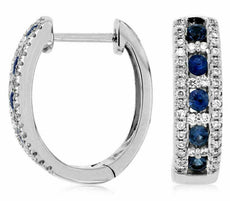 ESTATE .73CT DIAMOND & AAA SAPPHIRE 14K WHITE GOLD 3D ROUND HUGGIE HOOP EARRINGS