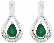 ESTATE .87CT DIAMOND & AAA EMERALD 14K WHITE GOLD 3D PEAR SHAPE HANGING EARRINGS