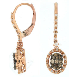 WHITE & CHOCOLATE FANCY DIAMOND 14KT ROSE GOLD OVAL CLUSTER HANGING EARRINGS