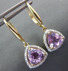 ESTATE 3.13CT ROUND DIAMOND & TRILLION KUNZITE 14KT YELLOW GOLD HANGING EARRINGS