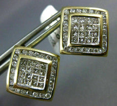 LARGE 1.65CT DIAMOND 14K 2 TONE GOLD 3D ROUND & PRINCESS INVISIBLE STUD EARRINGS