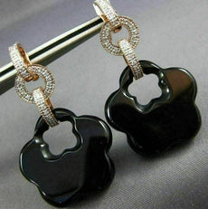 LARGE .40CT DIAMOND & AAA ONYX 14KT WHITE & ROSE GOLD 3D FLOWER EARRINGS #25869
