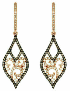 .88CT WHITE & CHOCOLATE FANCY DIAMOND 14KT ROSE GOLD TEAR DROP HANGING EARRINGS