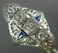 ANTIQUE LARGE .36CT DIAMOND & AAA SAPPHIRE 18KT WHITE GOLD FILIGREE RING #26678