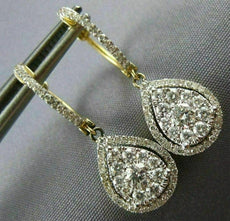 LARGE 1.0CT DIAMOND 14KT 2 TONE GOLD PEAR SHAPE CLUSTER HUGGIE HANGING EARRINGS