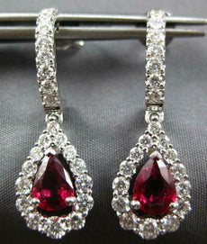 2.81CT DIAMOND & AAA RUBY 18KT WHITE GOLD 3D ROUND & PEAR SHAPE HANGING EARRINGS