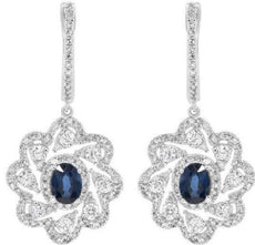 1.8CT DIAMOND & AAA SAPPHIRE 14K WHITE GOLD ROUND & OVAL FLOWER HANGING EARRINGS