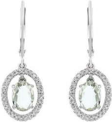 2.35CT DIAMOND & AAA GREEN AMETHYST 14K WHITE GOLD OVAL & ROUND HANGING EARRINGS
