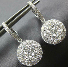 ESTATE LARGE 2.39CT DIAMOND 18K WHITE GOLD ROUND CLUSTER FLOWER HANGING EARRINGS