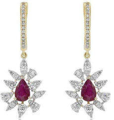 1.90CT DIAMOND & AAA RUBY 14K YELLOW GOLD 3D ROUND & PEAR SHAPE HANGING EARRINGS